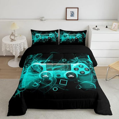 Feelyou Kids Gamer Comforter Set King Size Teens Gamepad Bedroom Decor for Boys Girls Video Game Controller Bedding Set Youth Gaming Console Comforter Blue Black Geometry with 2 Pillow Case