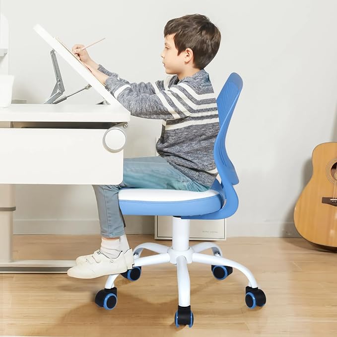 FurnitureR Desk Chair Small Study Chairs Armless for Child Kids Teens, Swivel Rolling Lightweight Task Chair with Wheels and Pu Leather Padded Cushion, Blue/White