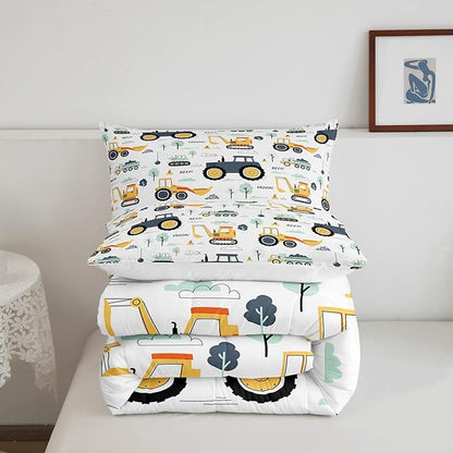 Feelyou Cartoon Cars Kids Comforter Set Tractor Boys Comforter Cute Excavator Decor Kawaii Soft Bedding Set Cartoon Trees Cars Colorful All Season Quilt Room 2Pcs Twin Size Boys