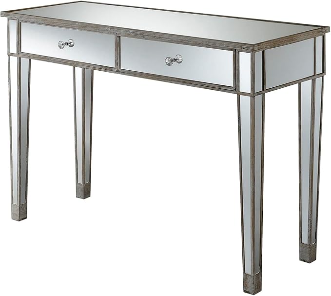 Convenience Concepts Gold Coast Mirrored Desk 42" - Console Table with 2 Drawers for Storage in Living Room, Office, Weathered White/Mirror