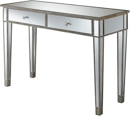 Convenience Concepts Gold Coast Mirrored Desk 42" - Console Table with 2 Drawers for Storage in Living Room, Office, Weathered White/Mirror