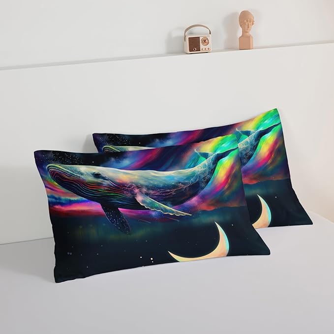 HOSIMA 3D Whale Galaxy Bedding Comforter Sets,Stars Moon Comforter Starry Room Decor Aesthetics,Ocean Theme Marine Life Whale Comforter with 2 Pillowcases Twin Bed in a Bag Sets for Adults Kids.