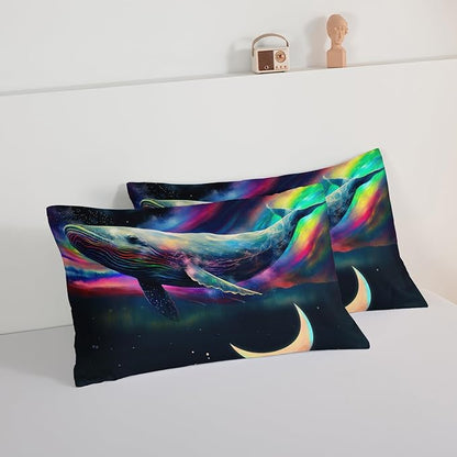 HOSIMA 3D Whale Galaxy Bedding Comforter Sets,Stars Moon Comforter Starry Room Decor Aesthetics,Ocean Theme Marine Life Whale Comforter with 2 Pillowcases Twin Bed in a Bag Sets for Adults Kids.