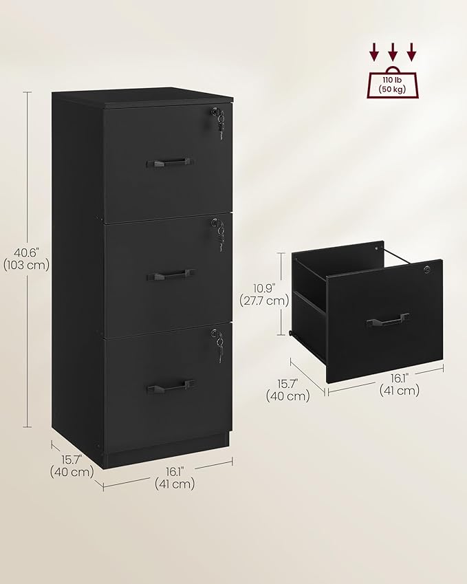 VASAGLE 3-Drawer Vertical File Cabinet, Filing Cabinet for Home Office, Printer Stand, with 3 Lockable Drawers, Adjustable Hanging Rail, for A4 and Letter-Size Files, Ink Black UOFC055B16