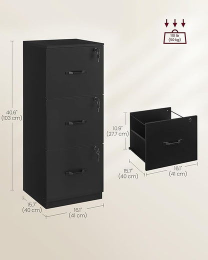 VASAGLE 3-Drawer Vertical File Cabinet, Filing Cabinet for Home Office, Printer Stand, with 3 Lockable Drawers, Adjustable Hanging Rail, for A4 and Letter-Size Files, Ink Black UOFC055B16