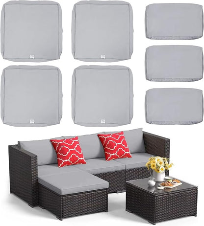 ClawsCover 7Pack Outdoor Seat and Back Cushions Replacement Covers Fit for 3/5 Pieces 4-Seater Wicker Rattan Patio Furniture Conversation Set Sectional Couch,Gray-Large(Include Cover Only)