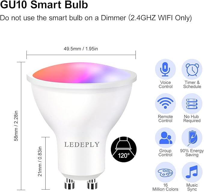 WiFi GU10 LED Smart Spot Light Bulb, 5W=40W, Compatible with Alexa Google Home, Dimmable, Tunable White(2700k-6500k), Smart LED Bulb Remote Control, No Flickering, 2 Pack