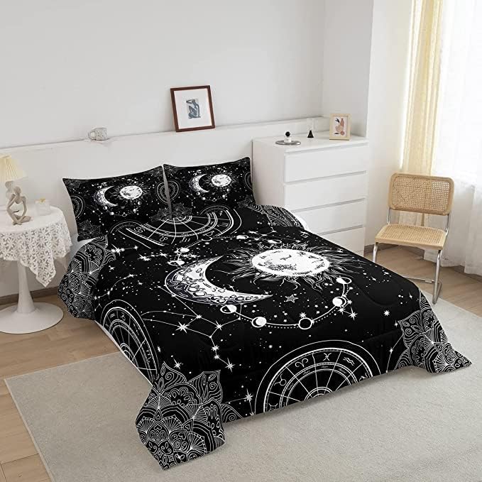 Sun and Moon Bedding Set Constellation Galaxy Comforter Set for Kids Boys Girls Teens Psychedelic Boho Mandala Comforter Breathable Celestial Duvet Set Black White Room Decor Quilt Cover King Size