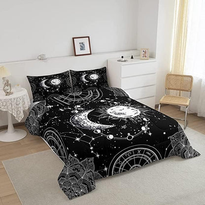 Sun and Moon Bedding Set Constellation Galaxy Comforter Set for Kids Boys Girls Teens Psychedelic Boho Mandala Comforter Breathable Celestial Duvet Set Black White Room Decor Quilt Cover King Size