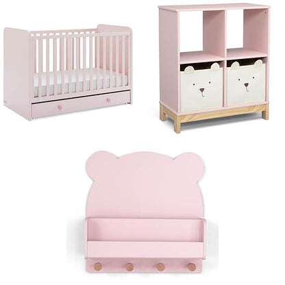 Delta Children babyGap Graham 4-in-1 Convertible Crib with Storage Drawer + Brannan Bear Bookcase with Bins + Brannan Bear Wall Shelf with 4 Hooks, Blush Pink/Dark Pink (Bundle)