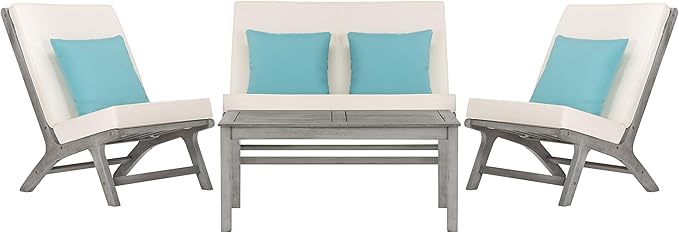 Safavieh PAT7044B Collection Chaston Wash and White and Light Blue 4 Pc Living Accent Pillows Outdoor Set, Grey/Beige Soild