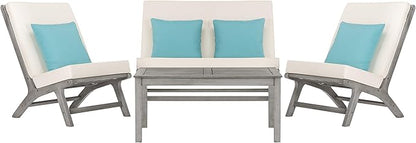 Safavieh PAT7044B Collection Chaston Wash and White and Light Blue 4 Pc Living Accent Pillows Outdoor Set, Grey/Beige Soild