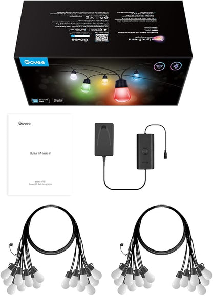 Govee Smart Outdoor String Lights H7021, RGBIC Warm White 96ft (2 Ropes of 48ft) LED Bulbs for Halloween Decorations, Christmas, WiFi Patio Lights Work with Alexa, Google, APP Control, IP65 Waterproof