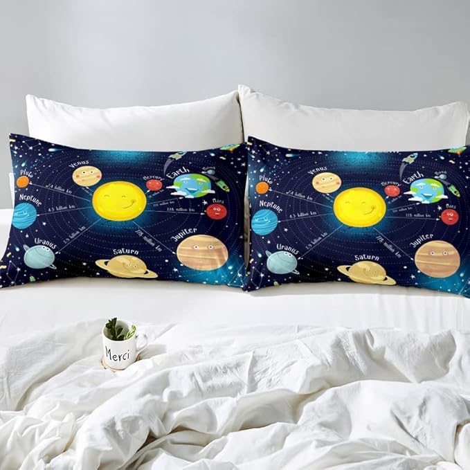 Erosebridal Outer Space Comforter Set Starry Sky Bedding Set Queen Size for Kids Boys Girls Room Galaxy Planet Space Duvet Sets Solar System Cartoon Down Comforter 3 Pieces with 2 Pillow Cases, Blue