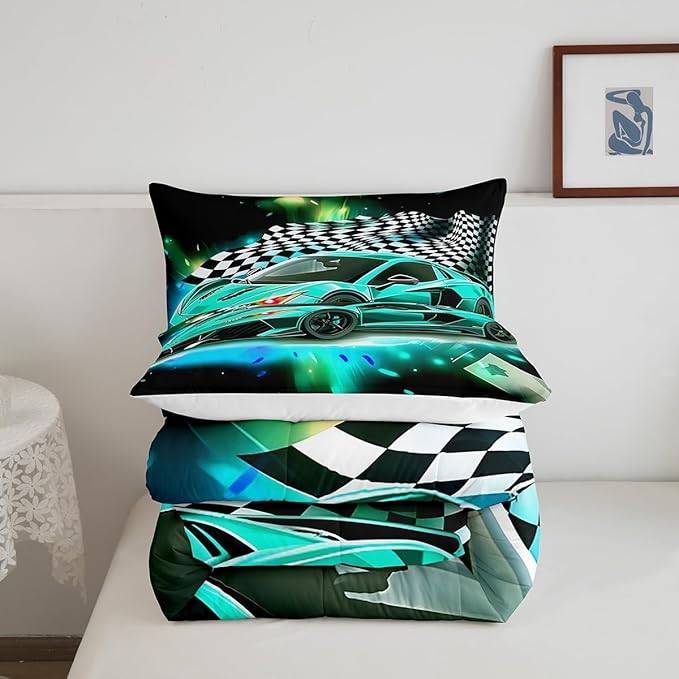 Teal Race Car Comforter Set Full Size, Black White Lattice Bedding Set 2pcs for Kids Boys Teens Room Decor,Extreme Sport Games Quilt Set,Cool Modern Duvet Insert with 2 Pillowcases