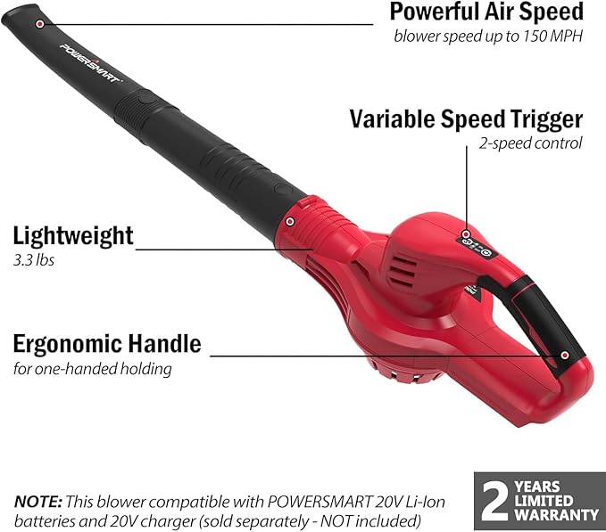 PowerSmart 20V Cordless Leaf Blower Tool Only, Lightweight & Portable Electric Blowers for Lawn Care, Gutter, Patio, Jobsite