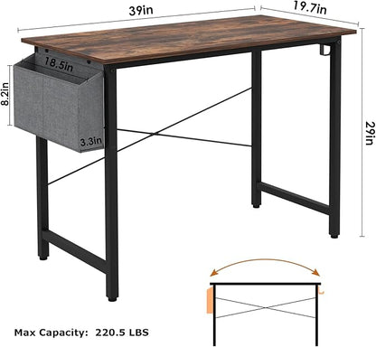 Small Computer Desk, 39 Inch Home Office Desks, Study Workstation PC Laptop Table with Storage Bag, Modern Simple Industrial Style Writing Desks