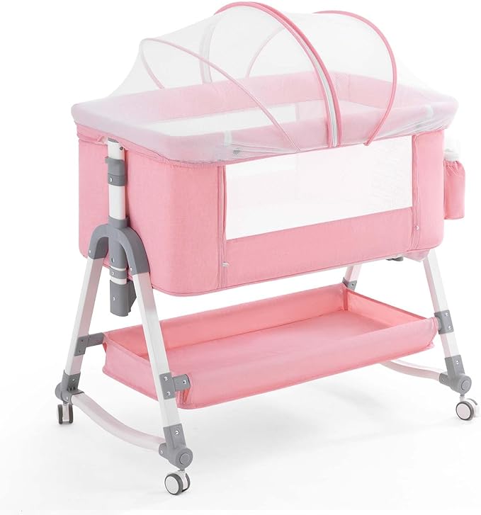 4 in 1 Baby Bassinet, Rocking Bassinets Bedside Sleeper with Comfy Mattress and Wheels, Height Adjustable Easy Folding Portable Bedside Crib for Newborn Infant,Pink