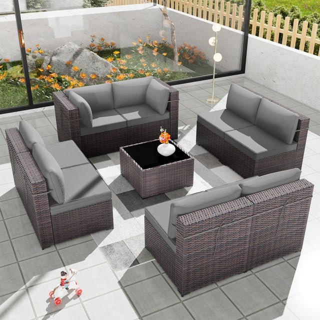 Patio Furniture Set 9-Piece Outdoor Furniture for Backyard Wicker Sectional Sofa Set, Rattan Patio Conversation Set with Thickened Cushions and Glass Coffee Table, Grey