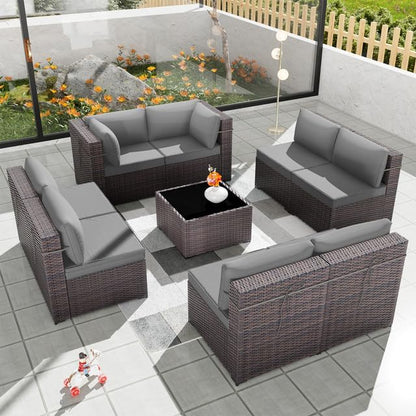 Patio Furniture Set 9-Piece Outdoor Furniture for Backyard Wicker Sectional Sofa Set, Rattan Patio Conversation Set with Thickened Cushions and Glass Coffee Table, Grey
