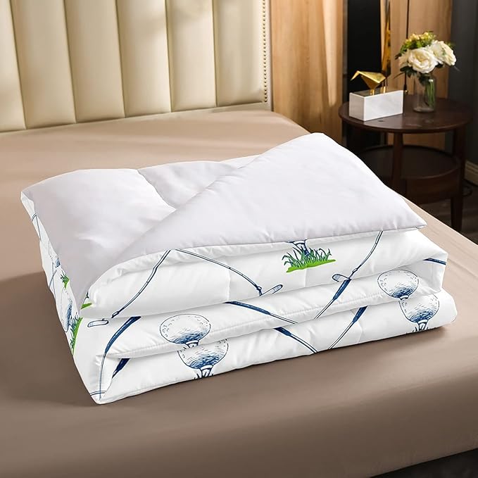 Erosebridal Golf Comforter Set Full Size Golf Club Bedding Set Sport Game Athlete Grass Leaf Branches Down Comforter for Men, Room Decorative 3 Pieces Comforter with 2 Pillow Cases, White