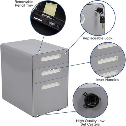 Flash Furniture Wren Ergonomic 3-Drawer Mobile Locking Filing Cabinet with Anti-Tilt Mechanism and Hanging Drawer for Legal & Letter Files, Gray