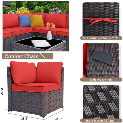 Patio Furniture Set Sofa 12-Pieces Wicker Sectional Sofa Set, Outdoor Furniture Rattan Patio Conversation Set with Thickened Cushions and Glass Coffee Tables, Red