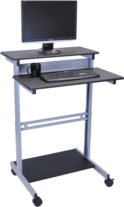 S STAND UP DESK STORE Rolling Adjustable Height Two Tier Standing Desk Computer Workstation (Silver Frame/Black Top, 32 Wide)