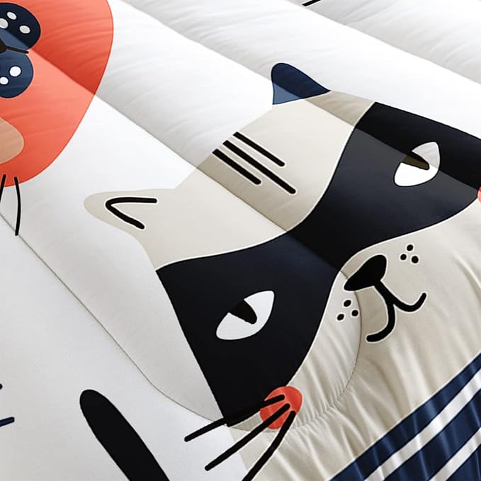 CVHOUSE Cat Bedding,Cartoon Cat Comforter King,Animals Print Comforter Set for Kids,Kawaii Quilt Set with 1 Comforter and 2 Pillow Cases