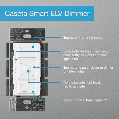 Lutron Caséta Wireless Smart Lighting Dimmer Switch for ELV+ Bulbs with Pico Remote, White
