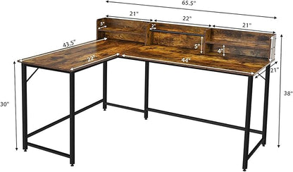 LUARANE 65.5 Inches L-Shaped Desk, Industrial Computer Desk with Hutch File Rack, Space Saving Corner Desk with Metal Frame, Computer Workstation for Home Office (Coffee)