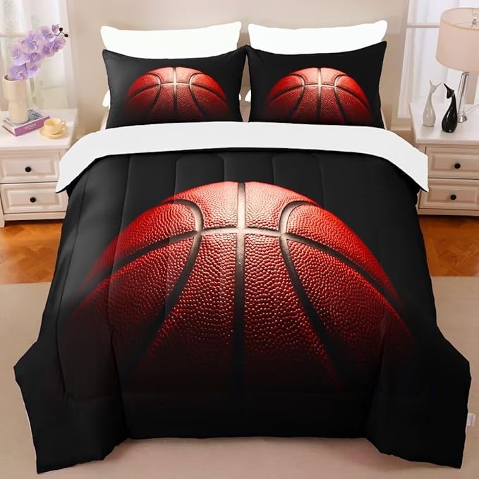 Teens Boys Sports Comforter Set Twin,Basketball Bedding Set for Kids,Sports Orange Basketball Comforter Sets,Black Teenage Boy Bedroom Bed Set 3 Pieces with Pillowcases