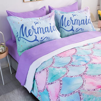 Wajade Kid Mermaid Scale Comforter Bedding Set Queen Size, Colorful Rainbow 3D Fish Scale 7 Pieces Soft Bedding Sets with Comforter, Sheet, Pillowcase and Sham for Girls