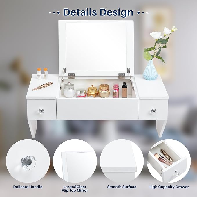ALIMORDEN Floating Shelf with Mirror and Drawer,Floating Drawer for Bathroom, White Wall Mounted Desk,Pull Out Drawer, 31 inches Surface, Floating Wall Desk, Hanging Desk, White
