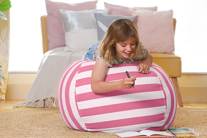 Aubliss Stuffed Animal Storage Bean Bag Chair Cover Only for Plush Toys, Blankets, X-Large 48"-Canvas Stripes Pink/White