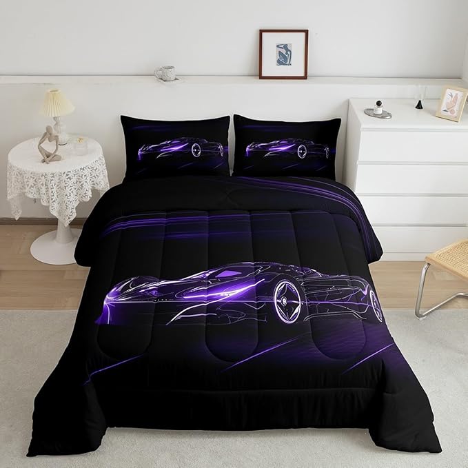 Feelyou Dull Purple Race Car Bedding Set Twin Size for Kids Boys Extreme Sport Games Comforter Set Teens Toddler Fast and Furious Duvet Set Cool Modern Quilt Set 2Pcs