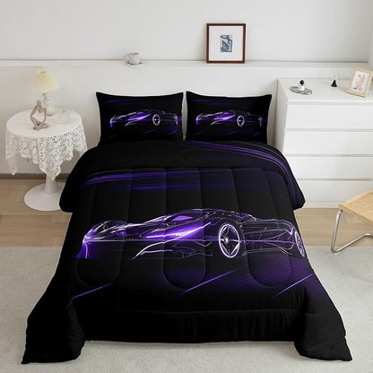 Feelyou Dull Purple Race Car Bedding Set Twin Size for Kids Boys Extreme Sport Games Comforter Set Teens Toddler Fast and Furious Duvet Set Cool Modern Quilt Set 2Pcs