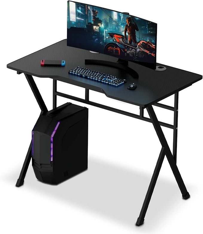 MoNiBloom Computer Desk Modern Design Home Office Gaming X-Shape Black Tabletop Simple Game Table Workstation for Corner Living Room Bedroom