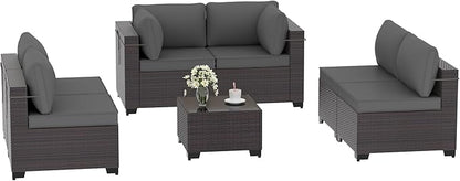 Outdoor Furniture Set 7PCS Patio Furniture for Backyard Wicker Sectional Sofa Set 6 Seats, PE Rattan Outdoor Conversation Set with Thickened Cushions and Glass Coffee Table, Grey