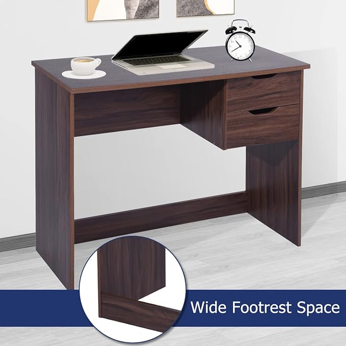 Home Office Computer Desk, 35.4" Small Study Writing Table, with Storage Drawers, Modern Teen Student Adult PC Table Desk, Walnut