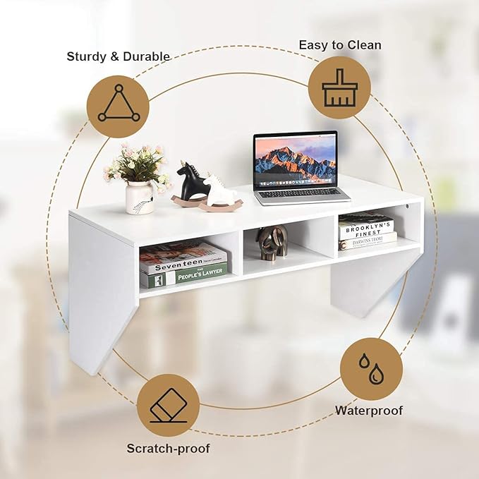 Computer Floating, Home Office Working, 42.5” Laptop Table Writing w/Storage Shelves, Modern Console Media Cabinet Wall Mounted Desk Hutch, White