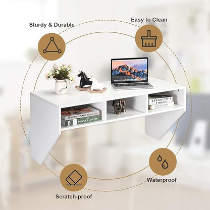 Computer Floating, Home Office Working, 42.5” Laptop Table Writing w/Storage Shelves, Modern Console Media Cabinet Wall Mounted Desk Hutch, White