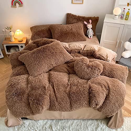Faux Fur Kids Girls Coffee Comforter Sets Twin/Full - 3PC Bed Set Warm Comfortable Soft Plush Flannel Velvet Fluffy Fuzzy Bedding（Comforter x 1 Pillowcases x 2）