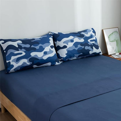 Meeting Story Camouflage Bedding Set, Colorful Pattern Style Comforter Set, 5 PCS One Comforter Two Pillowcases Two Sheets in One Bag, All Season Bedspread for Teens Adults (Navy,Twin 5Pcs)