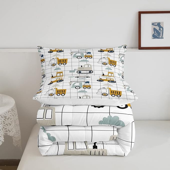 Kids Cute Cars Bedding Set Boys Cartoon Truck Tractor Cargo Comforter Set Machinery Bulldozer Crane Comforter Black White Grid Duvet Set Bright Decor Quilt Full Size Boys