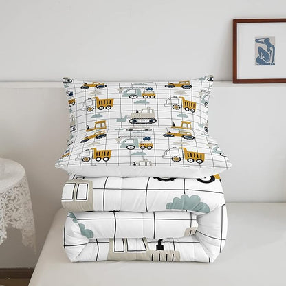 Kids Cute Cars Bedding Set Boys Cartoon Truck Tractor Cargo Comforter Set Machinery Bulldozer Crane Comforter Black White Grid Duvet Set Bright Decor Quilt Full Size Boys