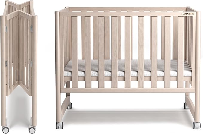 EvoNook 7-in-1 Convertible Mini Crib - Washed White, Portable Folding Baby Mini Crib with 1.5 Inch Mattress, 100% New Zealand Pinewood, 4 Adjustable Mattress Heights
