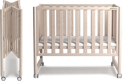 EvoNook 7-in-1 Convertible Mini Crib - Washed White, Portable Folding Baby Mini Crib with 1.5 Inch Mattress, 100% New Zealand Pinewood, 4 Adjustable Mattress Heights