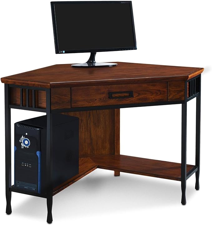 Leick Home 11230 Ironcraft Corner Writing/Computer Rustic Desk with Drawer and Shelf, Mission Oak and Black