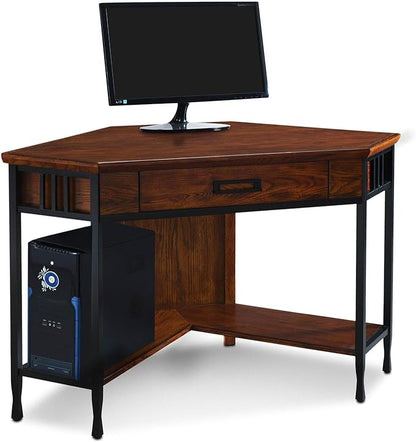 Leick Home 11230 Ironcraft Corner Writing/Computer Rustic Desk with Drawer and Shelf, Mission Oak and Black